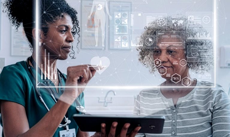 Nurse showing a patient medical data on a tablet with digital health interface overlays in a clinic.