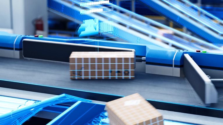 Packages move along conveyor belts in a warehouse setting, with multiple lines intersecting in an organized system. A digital overlay with glowing blue elements sits over the packages and rollers.