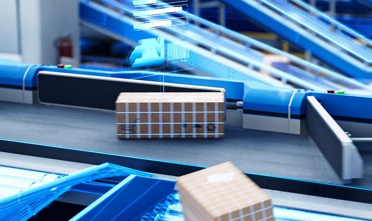 Packages move along conveyor belts in a warehouse setting, with multiple lines intersecting in an organized system. A digital overlay with glowing blue elements sits over the packages and rollers.