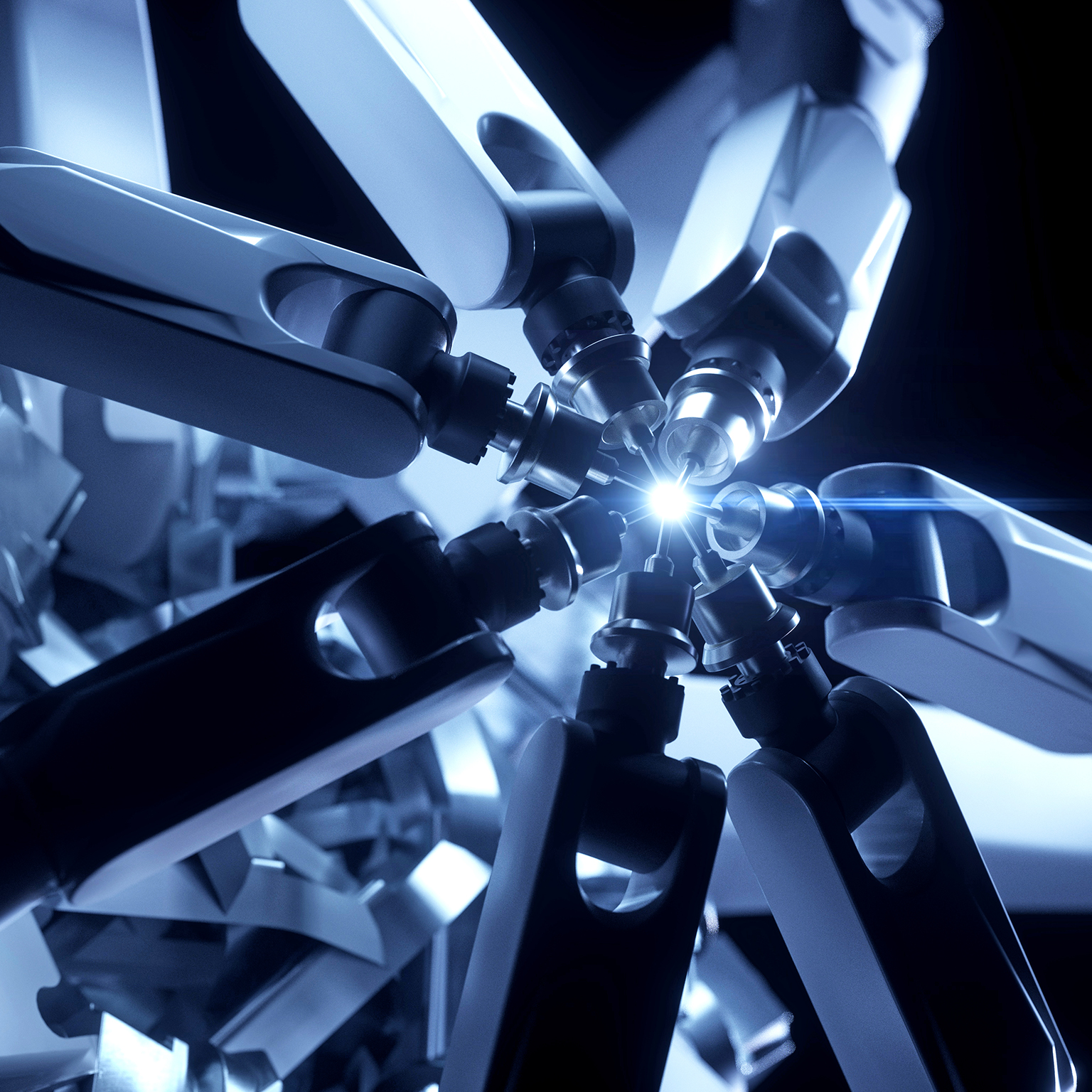 Digitally generated image of multiple robotic arms operating together in unison on one object