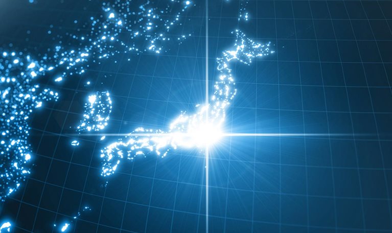 Power of Japan, energy beam on Tokyo. dark globe with illuminated cities and human density areas.