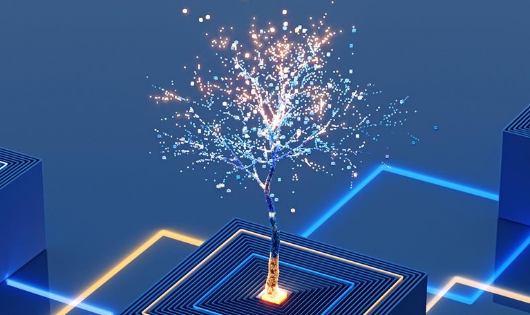 Glowing digital tree growing from a square platform, connected to other blocks by illuminated lines.