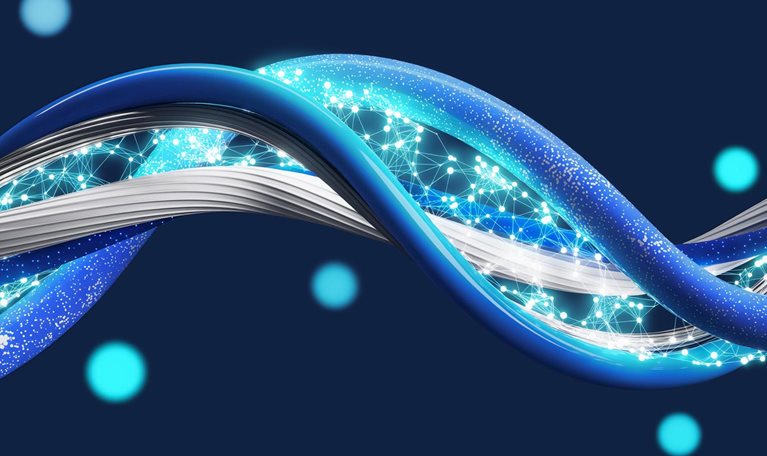 A futuristic abstract 3D composition of intertwined blue, cyan, and white wires set against a deep navy background. The wires are lightly spaced apart from each other and the gaps are filled with glowing interconnected nodes.