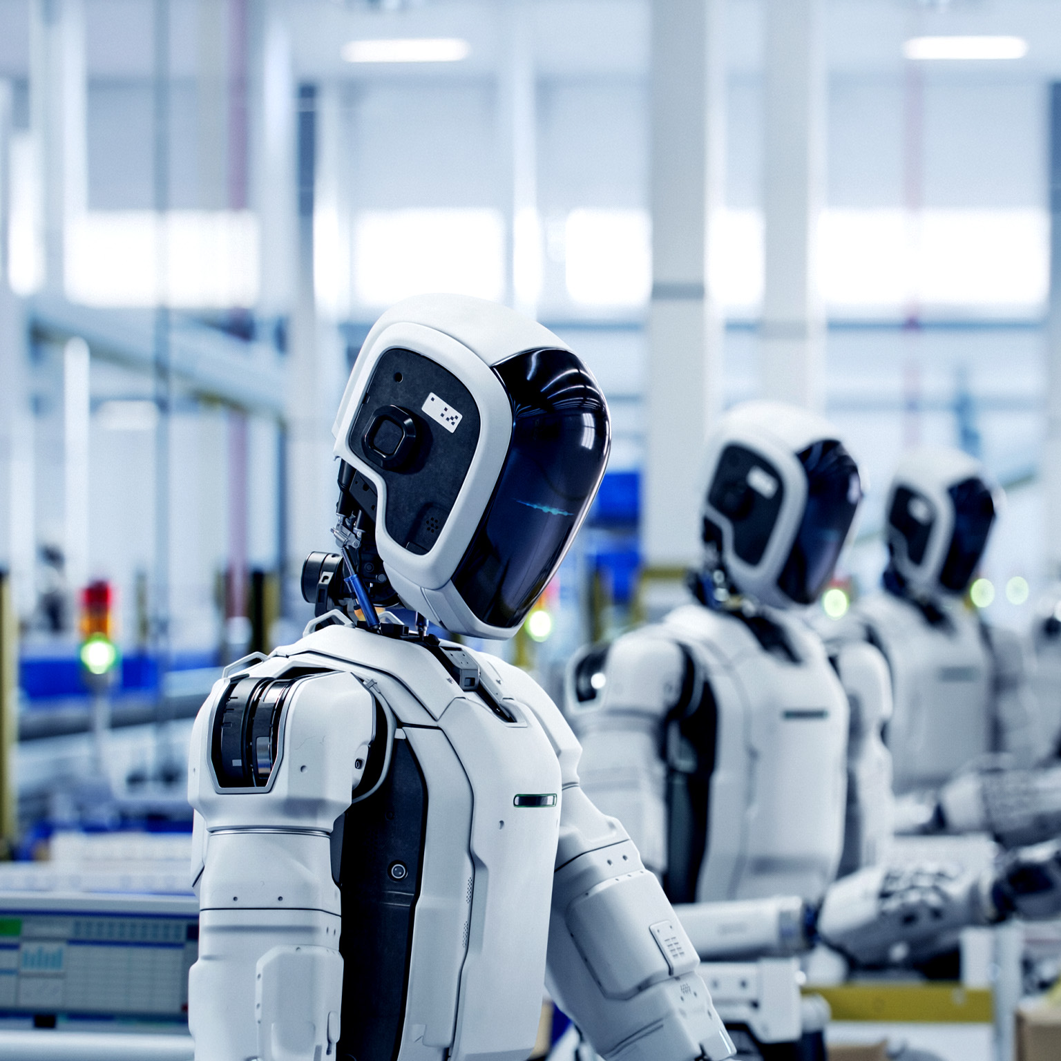 Row of modern humanoid robots working next to each other in a factory.