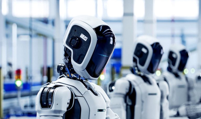 Row of modern humanoid robots working next to each other in a factory.