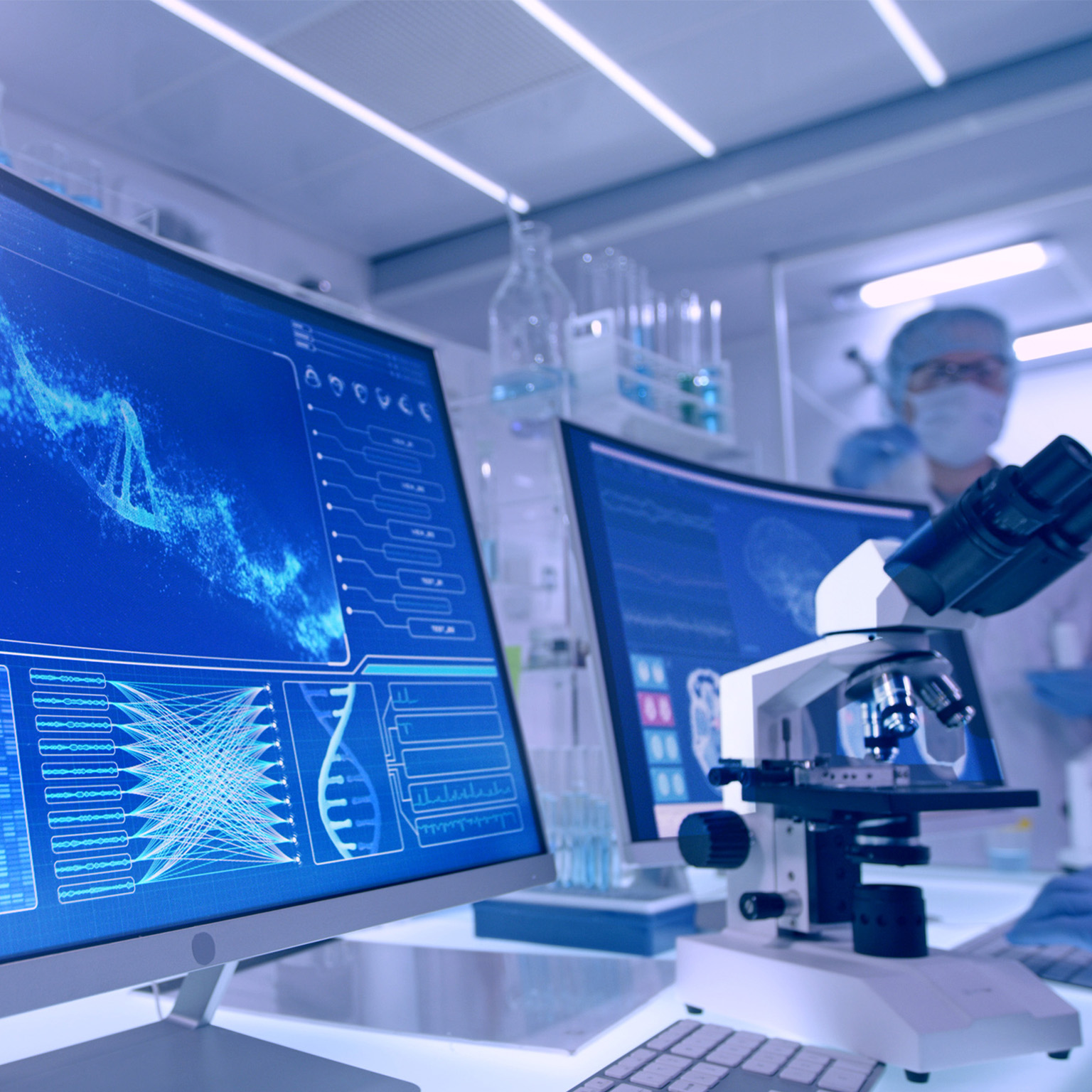 Futuristic laboratory equipment. Rear view of scientist during DNA research