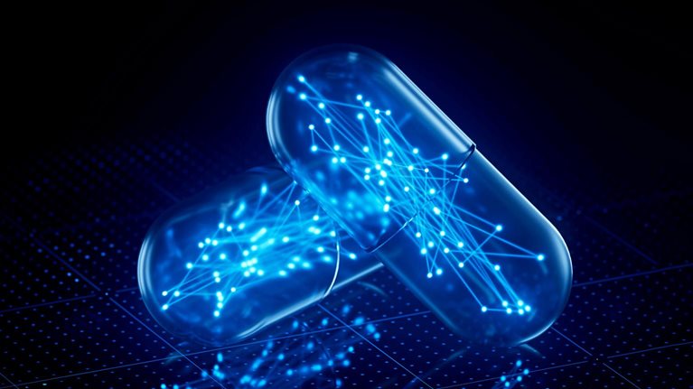 Two transparent pill capsules filled with a glowing blue network of interconnected nodes. They rest on a dark surface with a grid pattern, enhancing the high-tech feel.