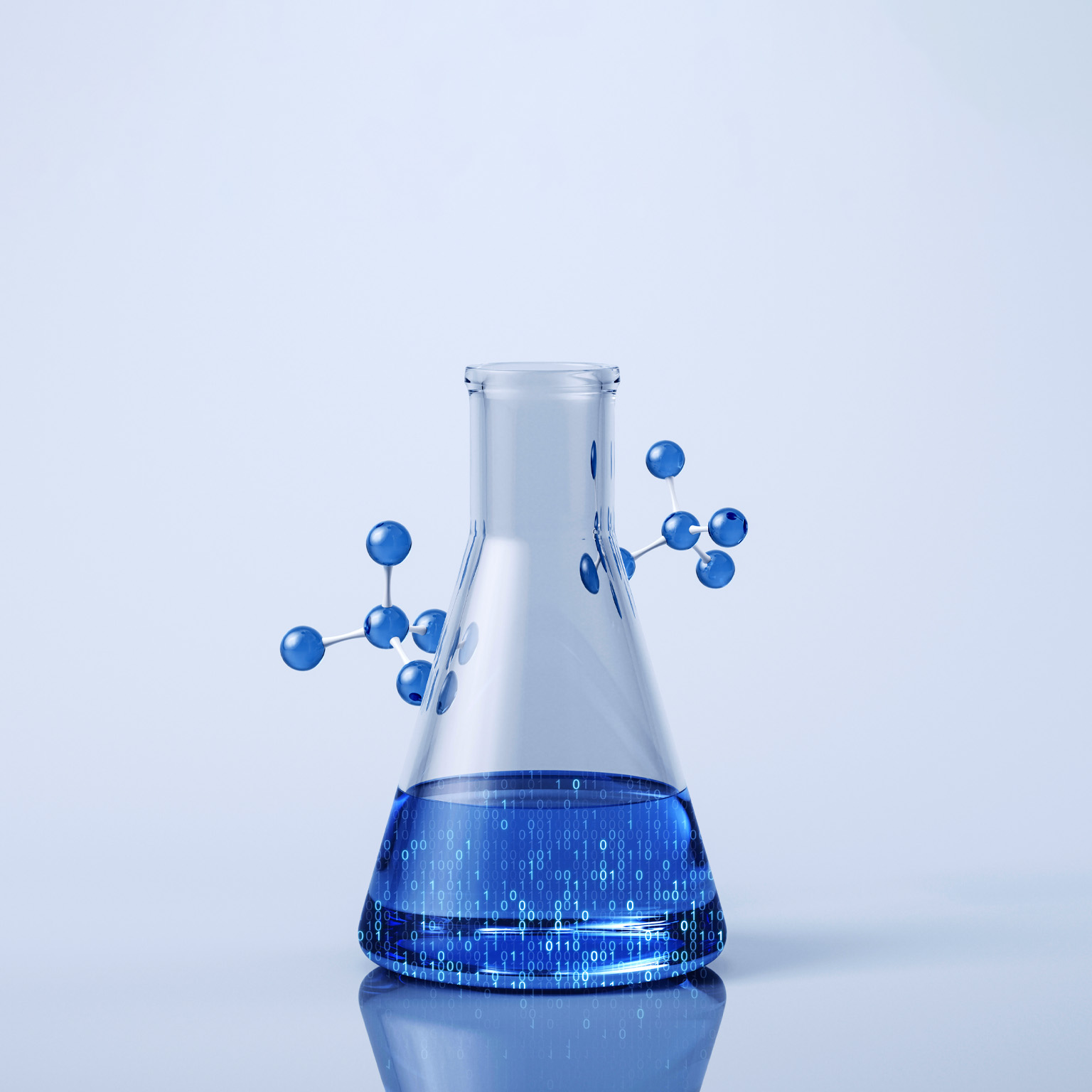 A glass beaker filled hallway with binary number in a blue liquid. Two blue molecules float around the top of the beaker.