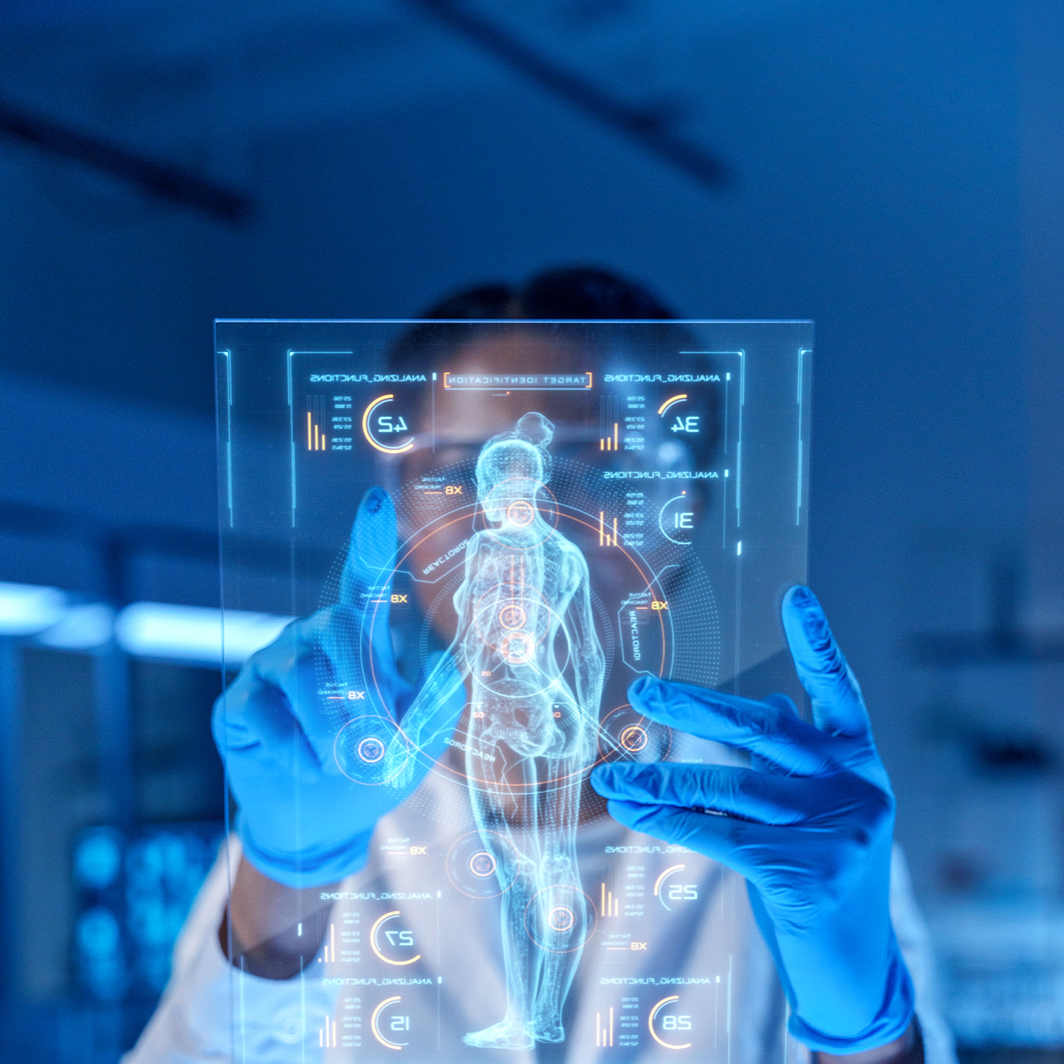 A small HUD showing a diagram of a human body and data with a doctor working with it.