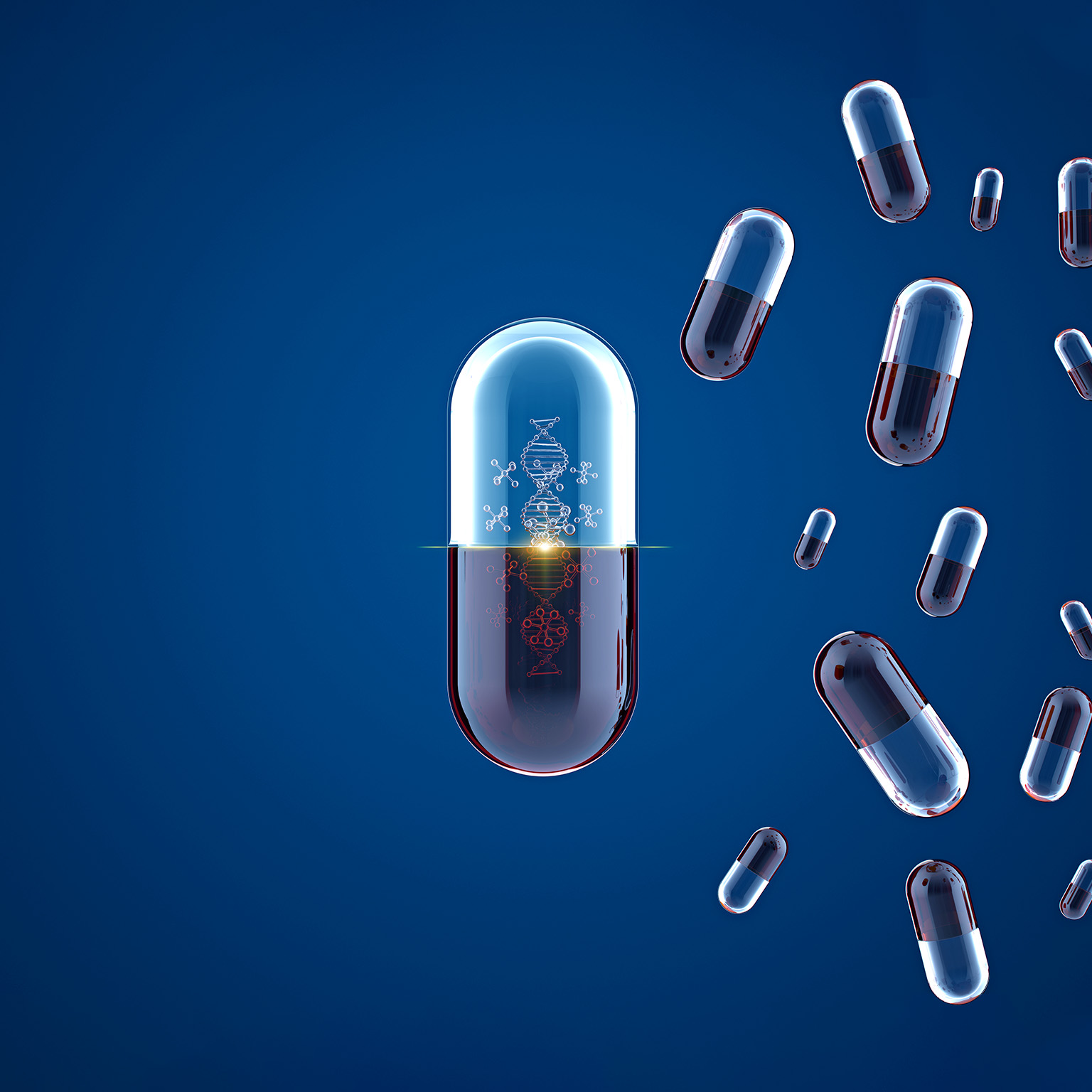 3d conceptual image of a central pill capsule structures with representations of molecules and DNA inside it and multiple similar pills floating next to it.