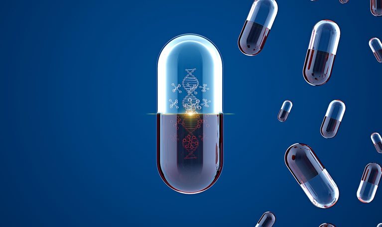 3d conceptual image of a central pill capsule structures with representations of molecules and DNA inside it and multiple similar pills floating next to it.