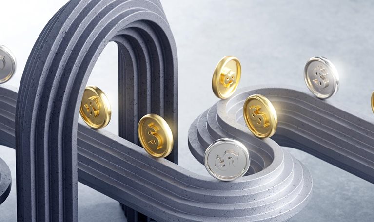 Gold and silver dollar coins traveling along a curved concrete track and passing through an abstract arch-like gateway