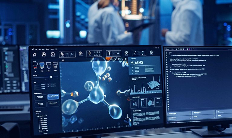 Laboratory with computers showing molecular modeling software and scientists working in the background