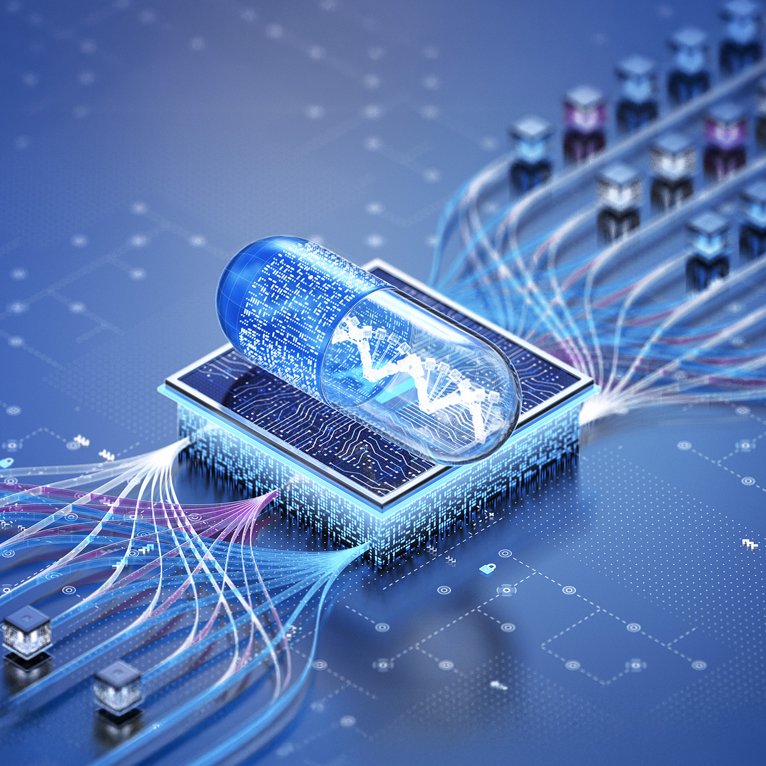 The image is a conceptual illustration of a digital pill or smart medication, symbolizing the integration of artificial intelligence (AI) and technology within the pharmaceutical industry.
