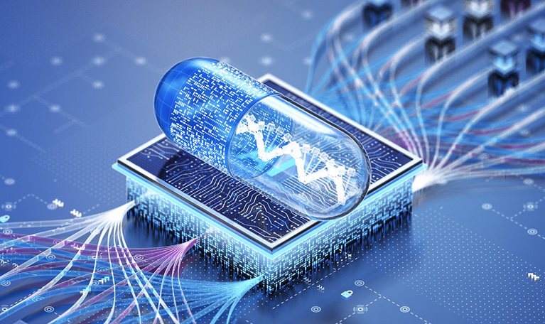 The image is a conceptual illustration of a digital pill or smart medication, symbolizing the integration of artificial intelligence (AI) and technology within the pharmaceutical industry.