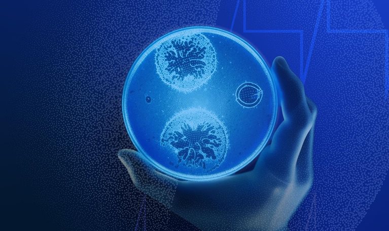 Abstract illustration of a gloved hand holding a glowing petri dish with cells, evoking scientific innovation and future growth in life sciences.