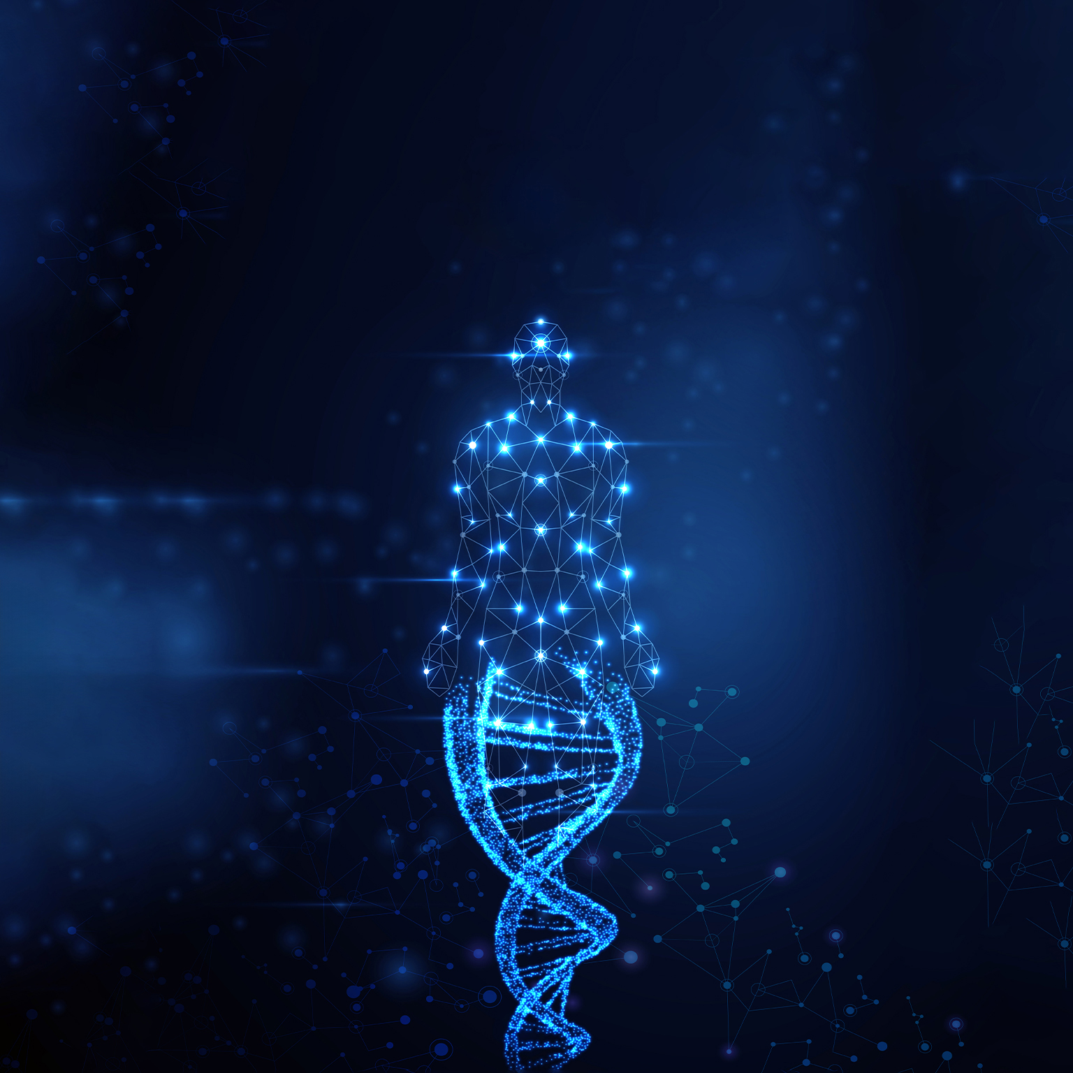 Blue DNA chain with luminous glowing particles around it