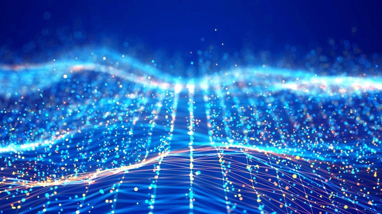 Digital image of different colored light points on crests and troughs in a three-dimensional view