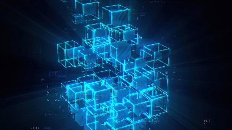 Futuristic glowing cubes formation in world of technological progress and innovation. CGI 3D render