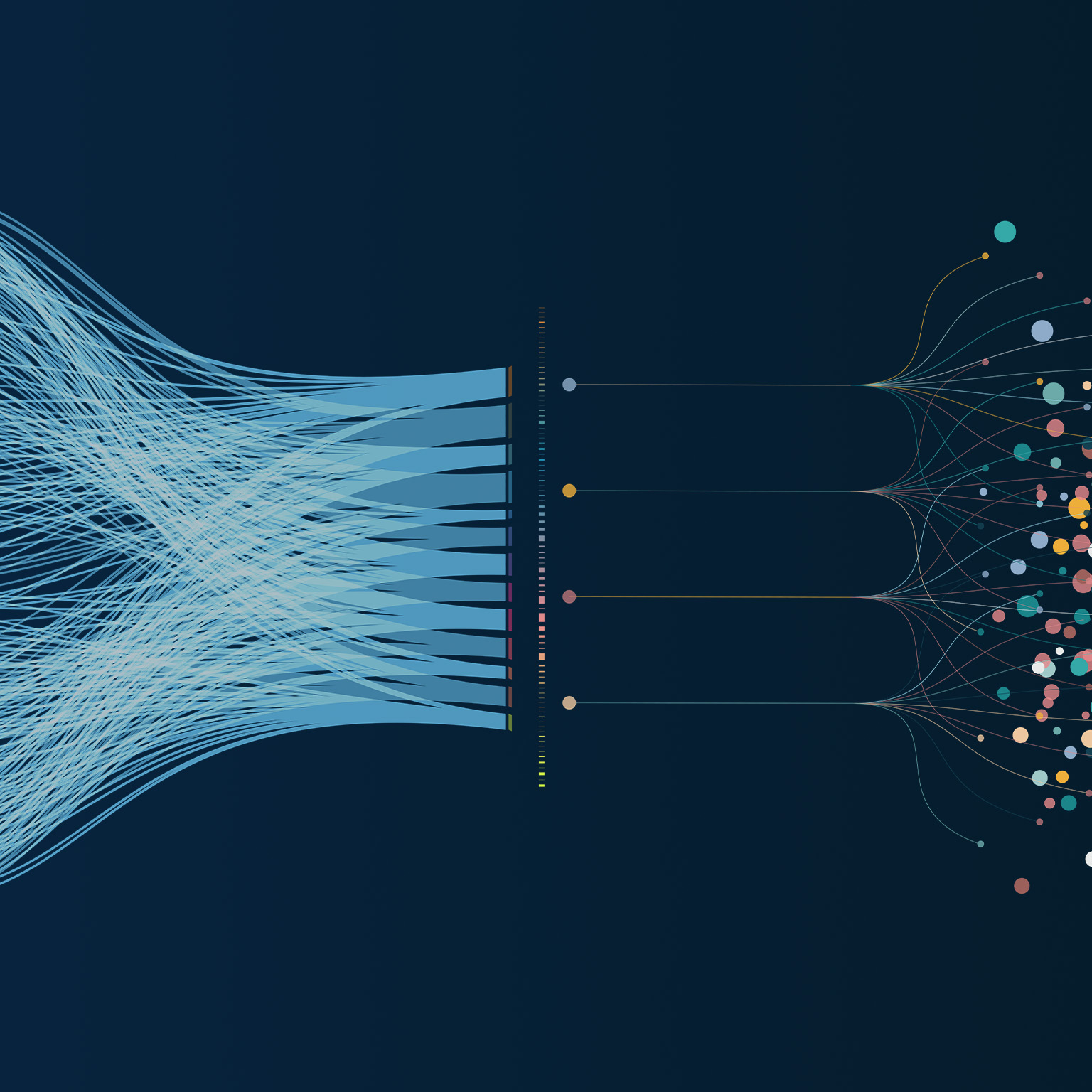 This image is a data visualization showcasing data integration and analysis. It illustrates complex data streams being consolidated and processed.