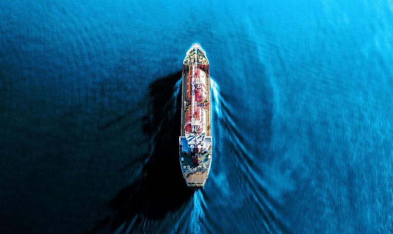 Aerial view Ship Tanker Liquefied Petroleum Gas on the sea.