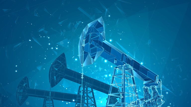 Oil derrick. vector 3d object. mining of minerals. abstract explosion of particles.