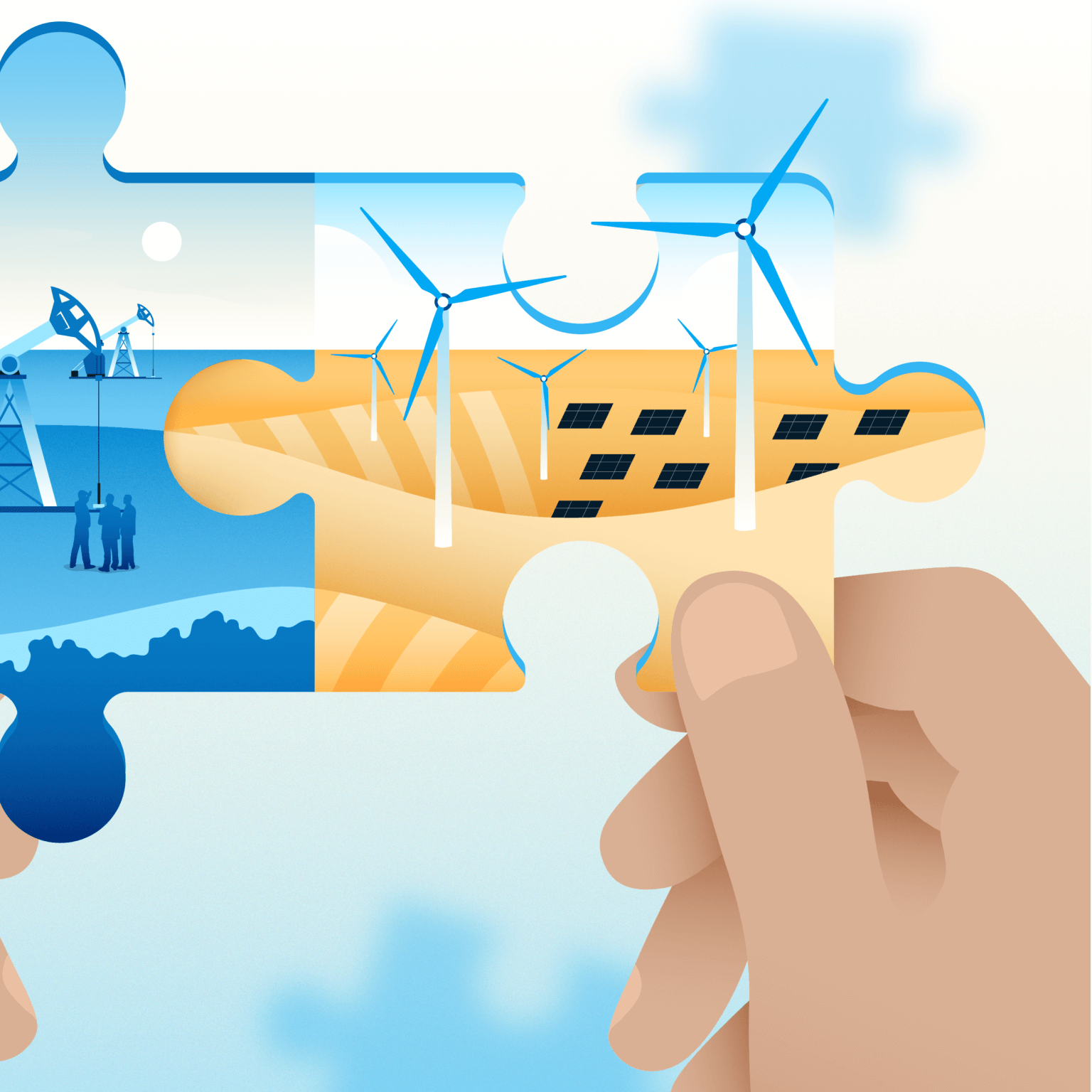 Hands holding two puzzle pieces, putting oil and wind energy together. - illustration