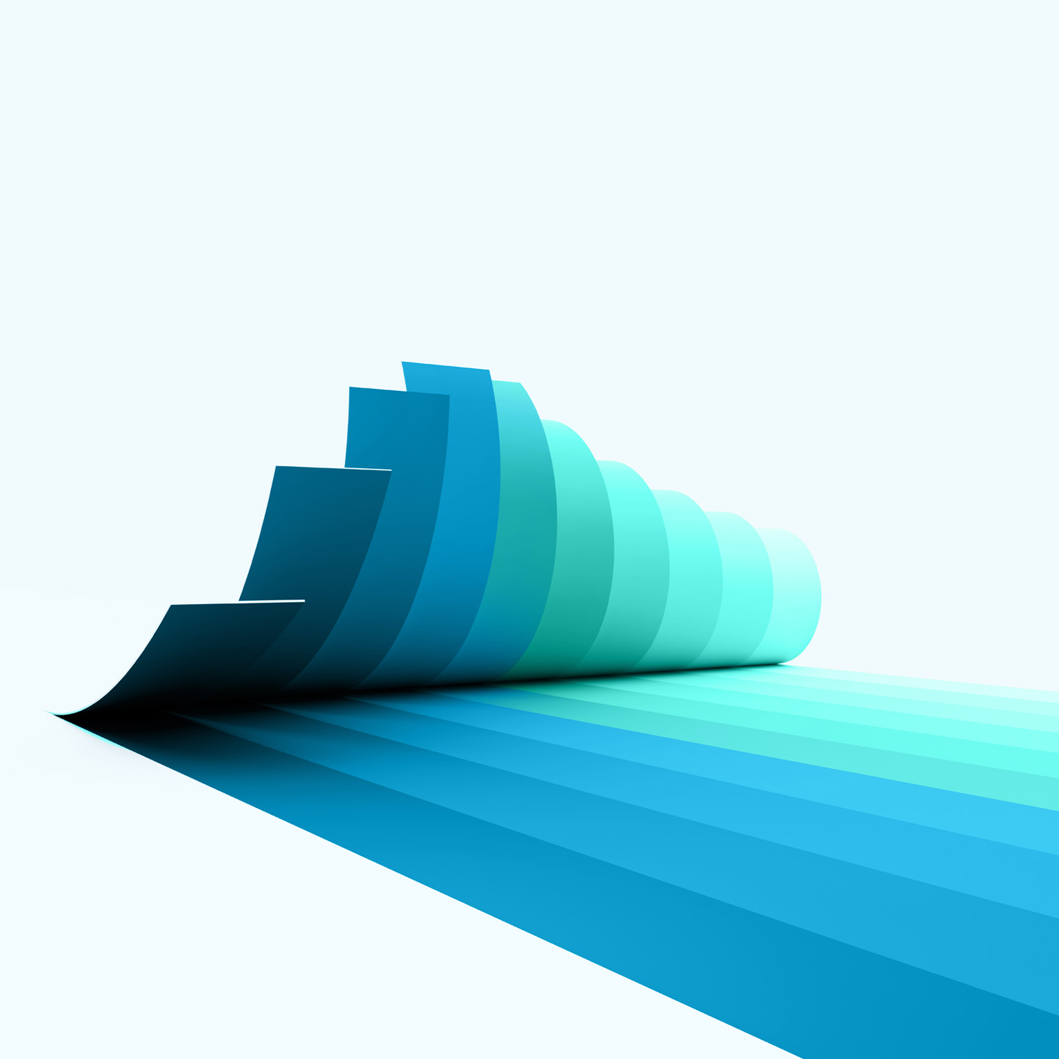 A series of overlapping, curved paper like sheets arranged in a cascading formation, transitioning in color from deep teal to light aqua. The shapes create a smooth gradient effect and cast elongated, layered shadows across a light gray background.