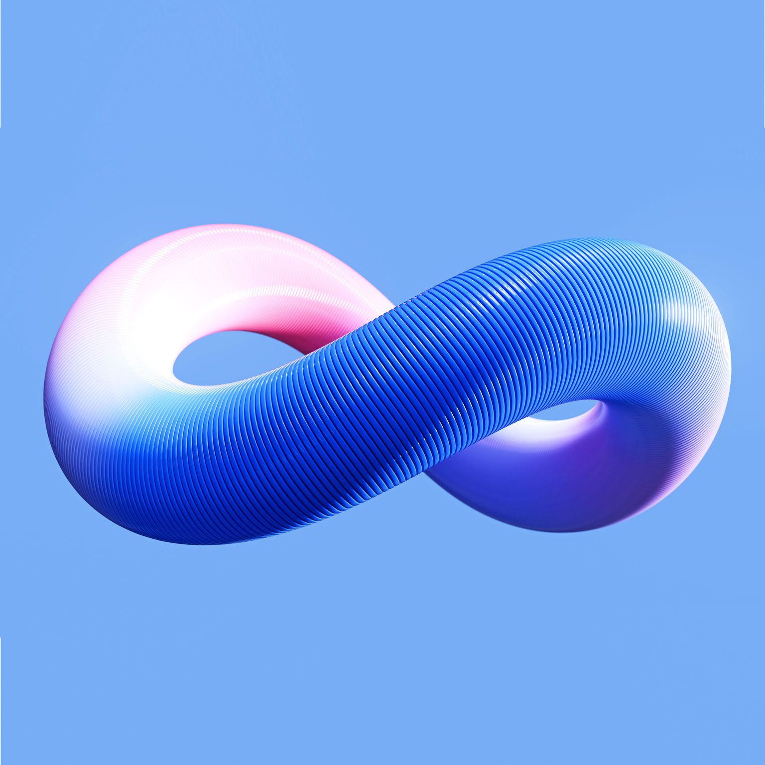 An interconnected three-dimensional horizontal object in the shape of eight in blue and pink shades against a light blue background
