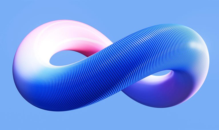 An interconnected three-dimensional horizontal object in the shape of eight in blue and pink shades against a light blue background
