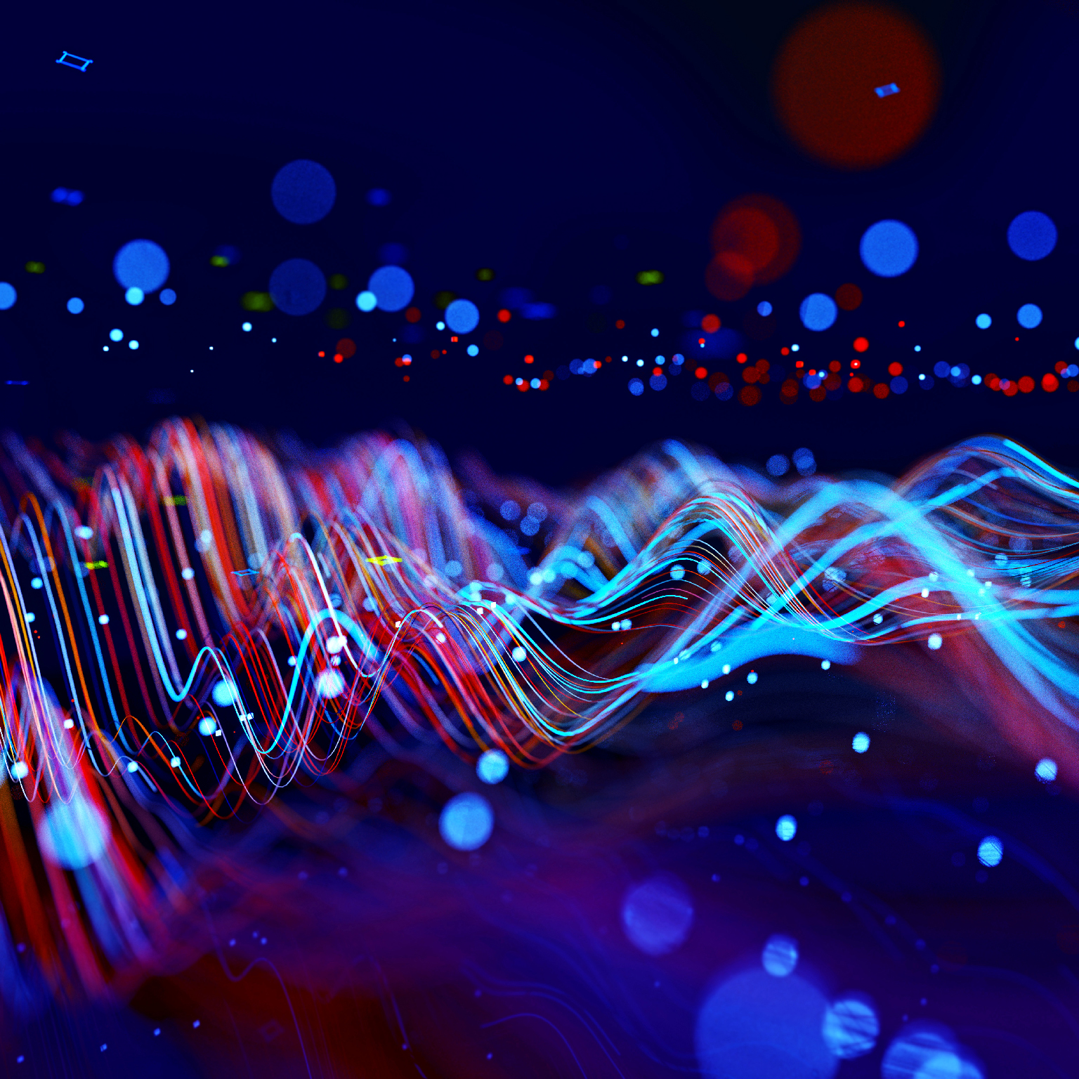 Digital generated image of abstract flowing data made out of numbers and glowing blue and red splines moving away from camera on black background.