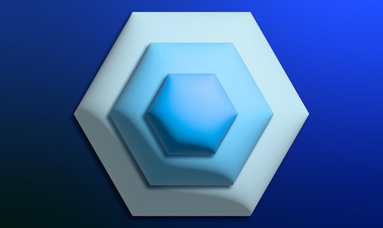 Three nested hexagons, ordered from small to large and dark to light blue, on a navy gradient background.