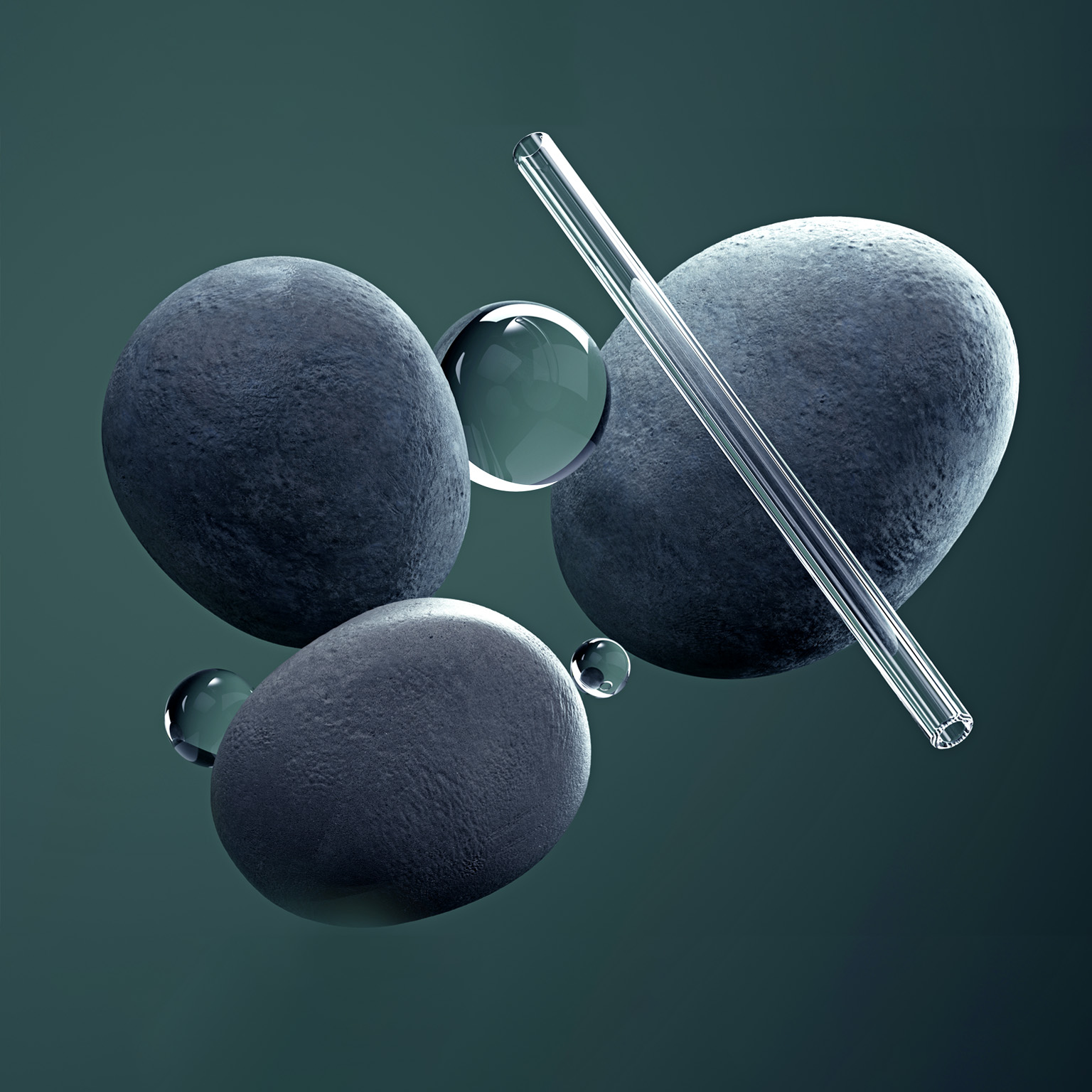 Digital generated image of a small glass spheres and pipes balancing on circular stones on green background