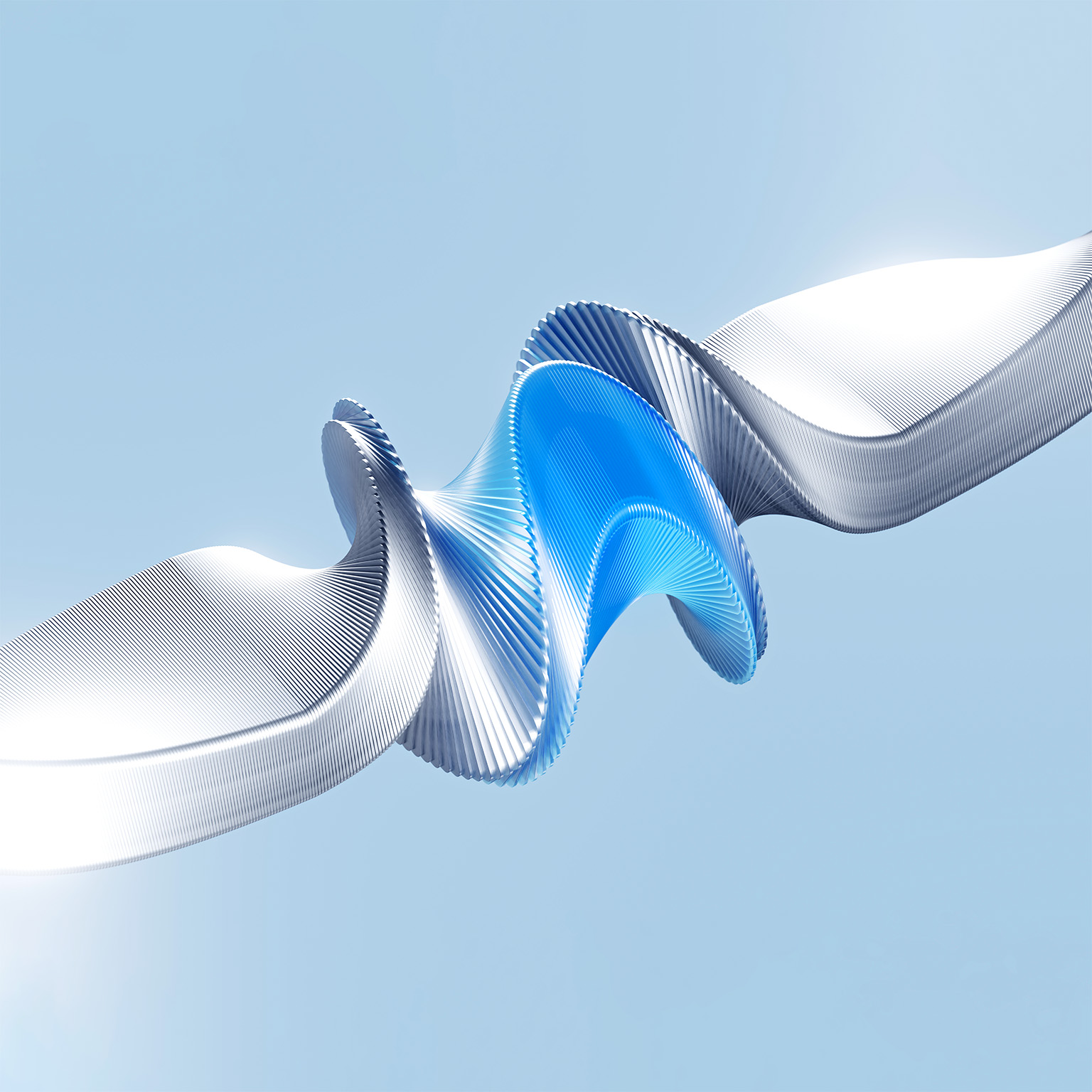 3D image of a metallic ribbon twisted in a spiral shape, with a blue glow in the middle, against a light-blue background. 