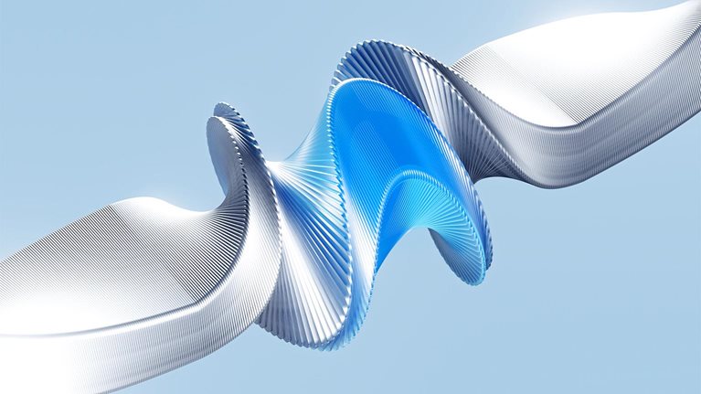 3D image of a metallic ribbon twisted in a spiral shape, with a blue glow in the middle, against a light-blue background.