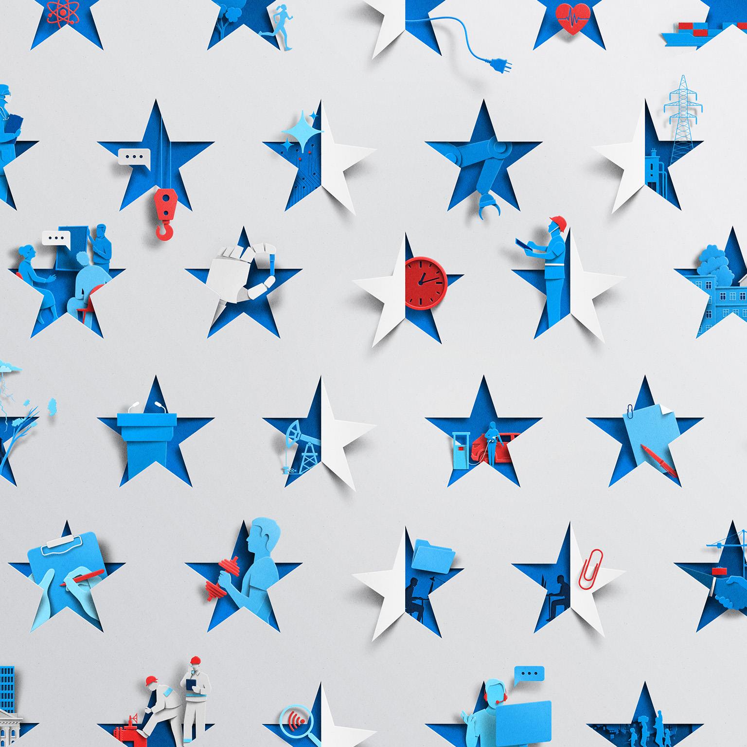 A white sheet of paper has been cut in various places creating a constellation of stars. Inside each star is an image depicting a multitude of diverse industries in vibrant blue and red hues.