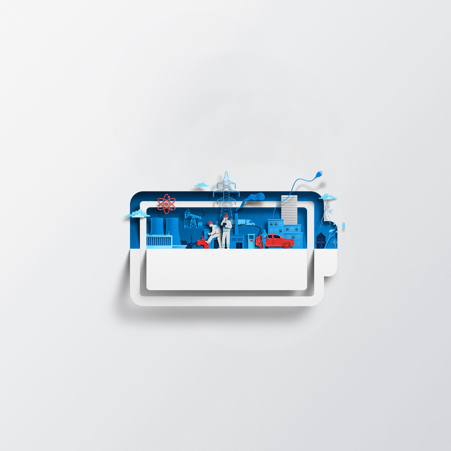 A white sheet of paper has been cut and folded in half, creating the silhouette of a battery symbol. Inside of the battery are vibrant blue and red-colored shapes representing  various energy sources and infrastructure, including a nuclear power plant, power lines, and an electric vehicle charging station.