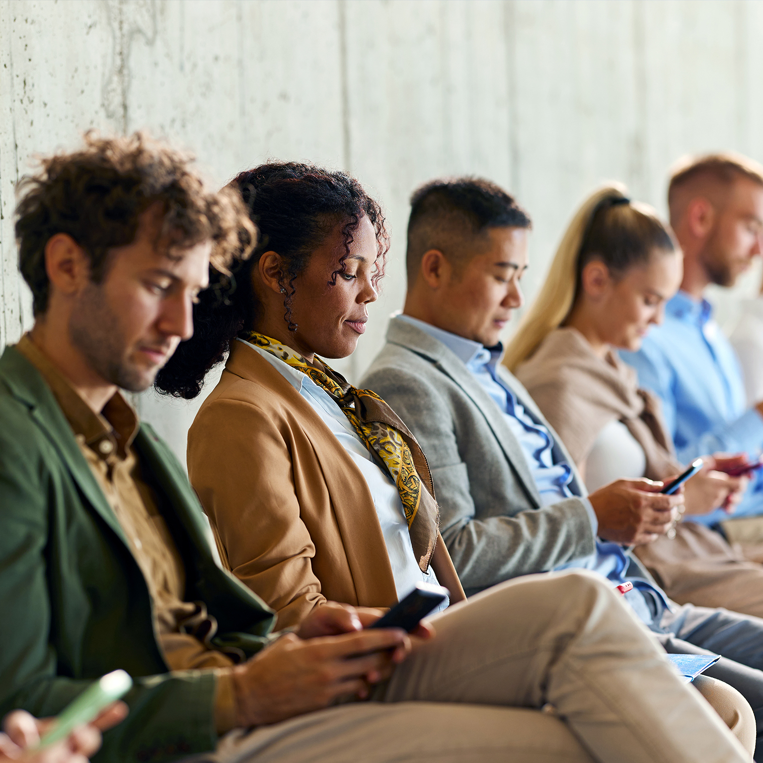 Large group of business people waiting for a job interview in a hallway.
