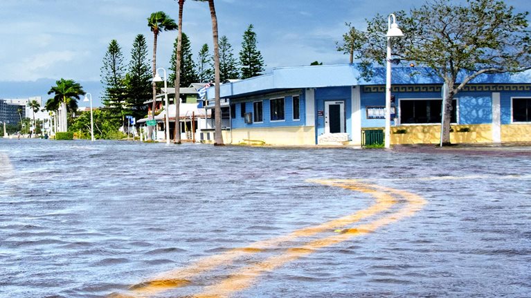 A street in downtown Gulfport, Florida, is flooded by rising waters that are being driven inland by Hurricane Helene from Tampa Bay and the Gulf of Mexico.
