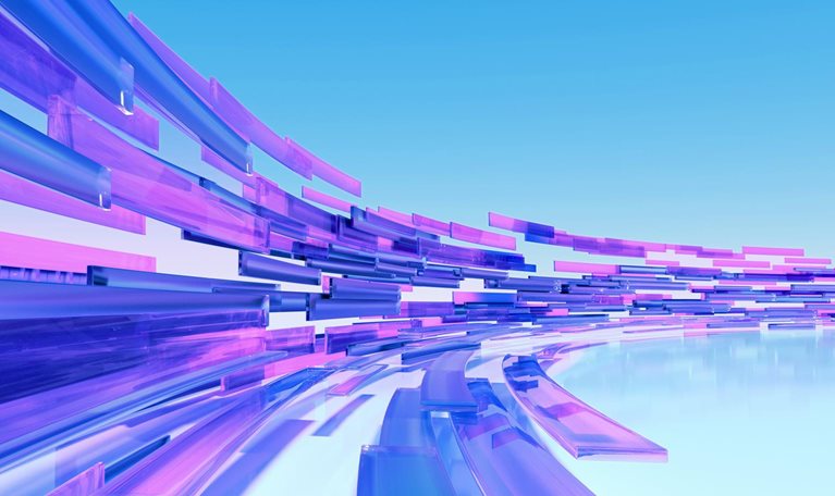 Abstract 3D rendering of translucent blue, purple, and pink rectangular bars arranged in sweeping curved layers, receding into the distance against a bright cyan gradient background.