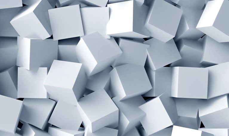 A jumble of identical white cubes.