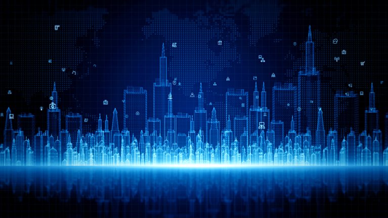 A glowing blue city skyline rendered in a digital, wireframe-like style against a dark grid background. Small interface icons float across the scene.