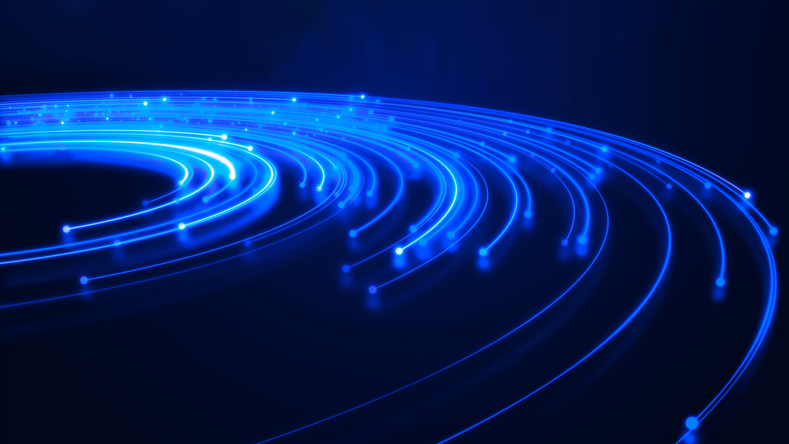 An abstract digital scene of bright blue and cyan light trails sweeping in curved paths across a dark navy background.