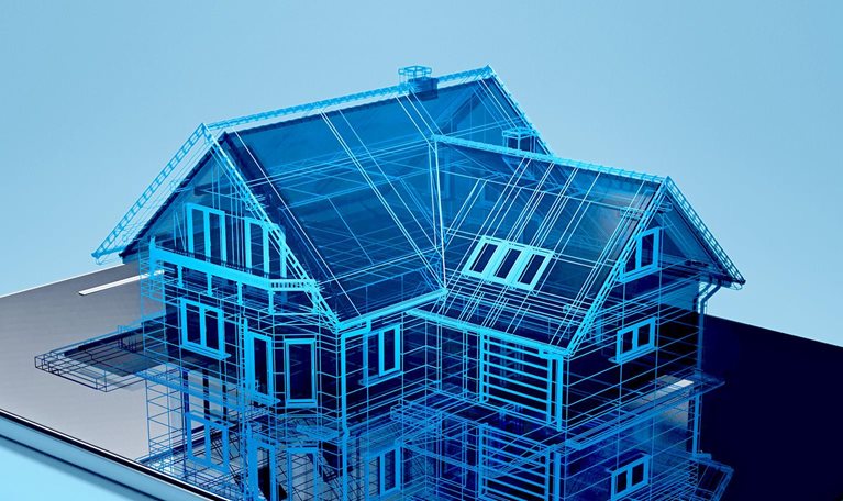 Blue digital wireframe of a house rising from a tablet screen.