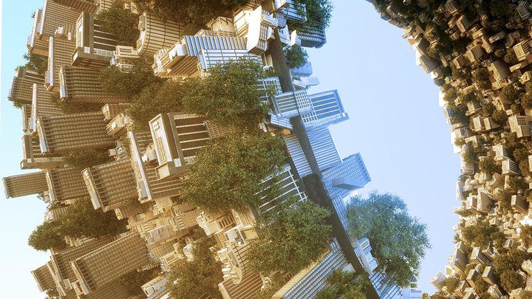 An urban environment shaped like a torus, forming a continuous ring of architecture and trees.