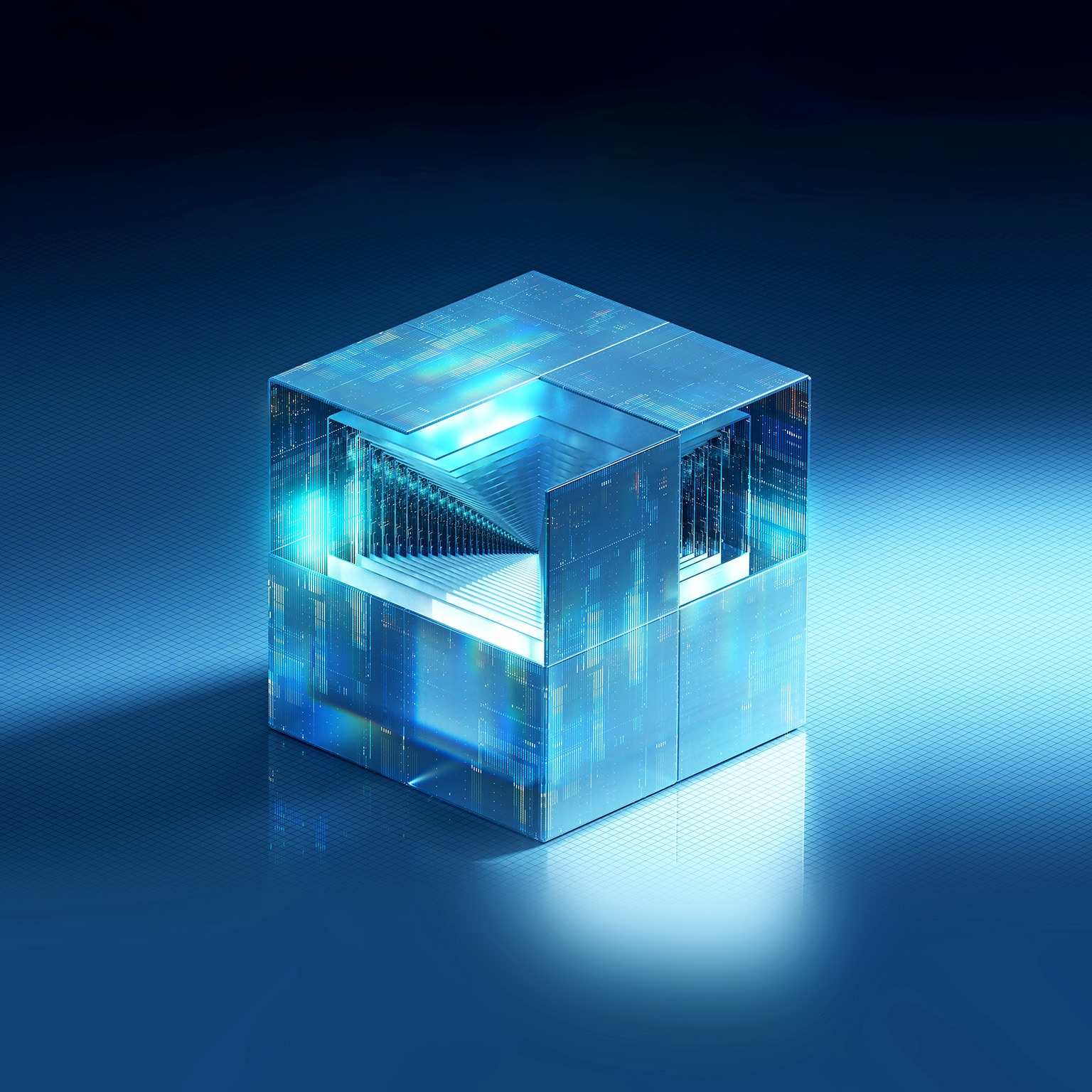 A translucent digital cube reveals a nested internal structure of glowing blue lines and pathways.