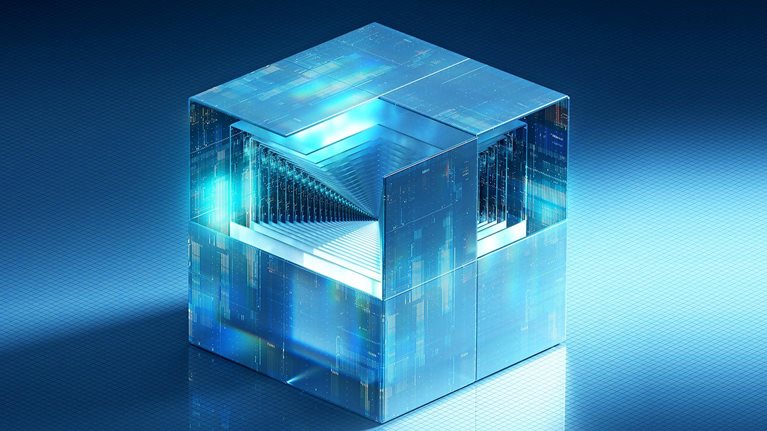 A translucent digital cube reveals a nested internal structure of glowing blue lines and pathways.