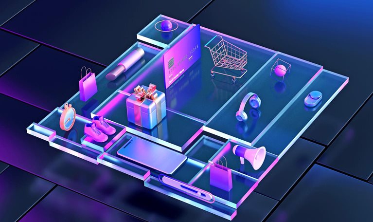 A stylized, futuristic composition shows various shopping-related items—such as a credit card, smartphone, shopping bags, and a cart—arranged in glowing compartments. The neon purple and blue lighting gives the scene a high-tech, digital commerce feel, suggesting modern or online shopping experiences.