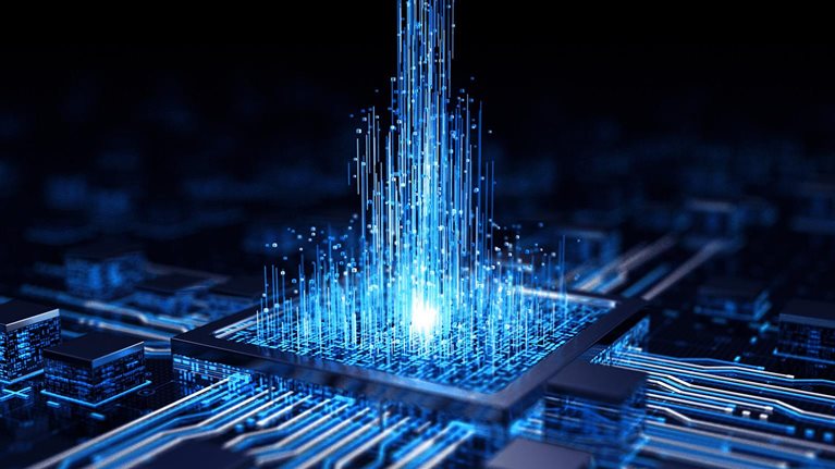 This image is a stylized, AI-generated illustration representing technological concepts like artificial intelligence, data processing, or quantum computing. It depicts a central microprocessor or chip with bright blue light emitting upwards, symbolizing high-speed data transmission or intense computational power.