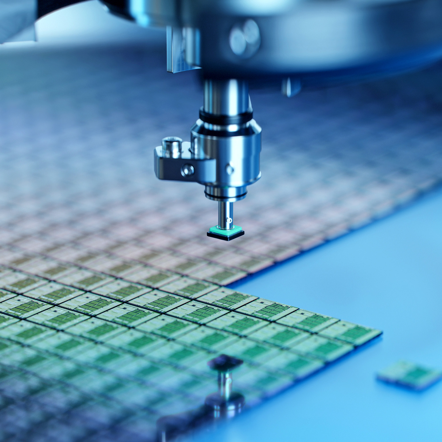 Close-up of semiconductor packaging process. Computer chips are being extracted by a pick and place machine from wafer and attached to substrate.